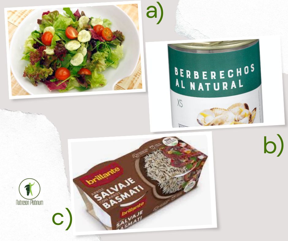 Ensalada de lechugas variadas, pepino y tomates cherry con berberechos y arroz salvaje.